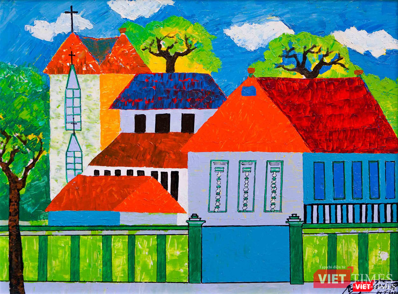 Tranh "Nhà thờ Hàm Long" của họa sĩ Ngọc Linh, một tác phẩm trong bộ 13 bức về chủ đề Hà Nội (Ảnh: Gia đình họa sĩ cung cấp)