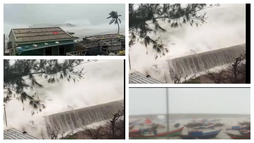 Cột sóng cao gần 10m đập vào đảo Lý Sơn sáng nay 28/10 (Ảnh: Hoà Bình ghép từ video clip) 