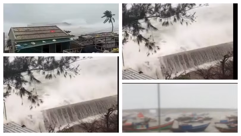 Cột sóng cao gần 10m đập vào đảo Lý Sơn sáng nay 28/10 (Ảnh: Hoà Bình ghép từ video clip) 