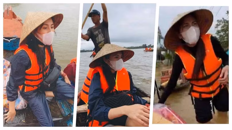 Ca sĩ Thuỷ Tiên trên xuồng cứu trợ đi tới với bà con vùng lũ (Ảnh: Hoà Bình ghép)