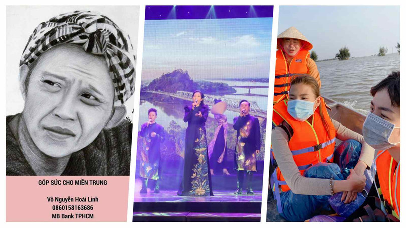 Sao Việt làm từ thiện cứu trợ miền Trung bão lũ (Ảnh: Hoà Bình ghép) 