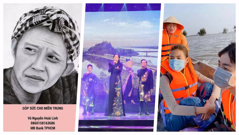Sao Việt làm từ thiện cứu trợ miền Trung bão lũ (Ảnh: Hoà Bình ghép) 