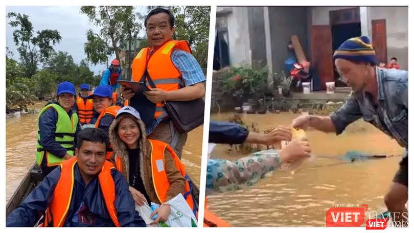 Chia sẻ từng ổ bánh mì, phần cơm cứu trợ tới bà con vùng lũ (Ảnh: Đoàn cứu trợ Hạt giống tâm hồn - Vì miền Trung yêu thương cung cấp)