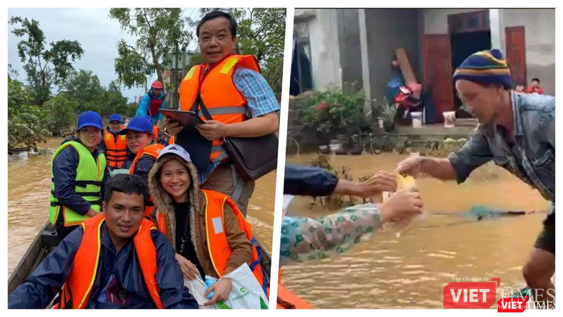 Chia sẻ từng ổ bánh mì, phần cơm cứu trợ tới bà con vùng lũ (Ảnh: Đoàn cứu trợ Hạt giống tâm hồn - Vì miền Trung yêu thương cung cấp)