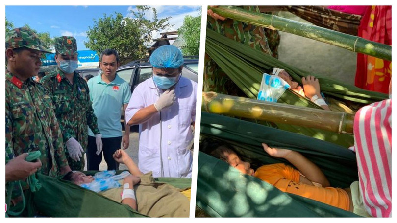 Sơ cứu người dân thoát nạn ở Trà Leng (Ảnh: Trương Khởi, Hoà Bình ghép) Sơ cứu người dân thoát nạn ở Trà Leng (Ảnh: Trương Khởi, Hoà Bình ghép)