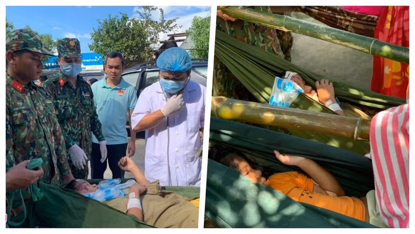 Sơ cứu người dân thoát nạn ở Trà Leng (Ảnh: Trương Khởi, Hoà Bình ghép) Sơ cứu người dân thoát nạn ở Trà Leng (Ảnh: Trương Khởi, Hoà Bình ghép)