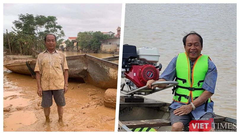 "Người hùng chân đất", ông Bình (xã Hiền Ninh, huyện Quảng Ninh, tỉnh Quảng Bình) với con đò gẫy đôi sau khi cứu hàng trăm người dân vùng lũ, vừa được tặng một con đò mới (Ảnh: Lê Hữu Chính)