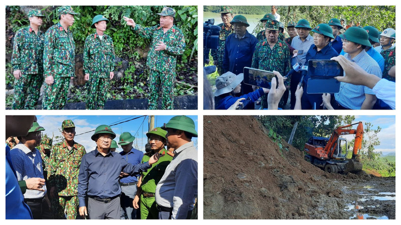 Phó thủ tướng Trịnh Đình Dũng và Trung tướng Nguyễn Long Cáng đang chỉ huy cứu nạn tại huyện Nam Trà My (Ảnh: Hoà Bình ghép)