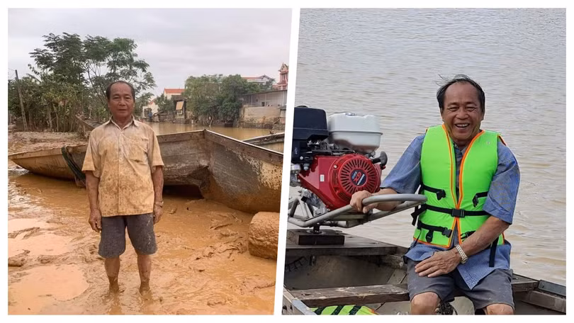 "Người hùng chân đất" cứu hàng trăm mạng người trong lũ dữ đã được tặng con đò mới (Ảnh: Hoà Bình ghép)