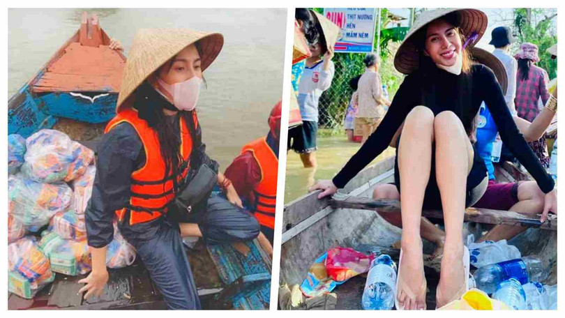Thuỷ Tiên tuyên bố tiền cứu trợ bão lũ đã tăng lên 150 tỉ đồng (Ảnh: FBNV, Hoà Bình ghép) 