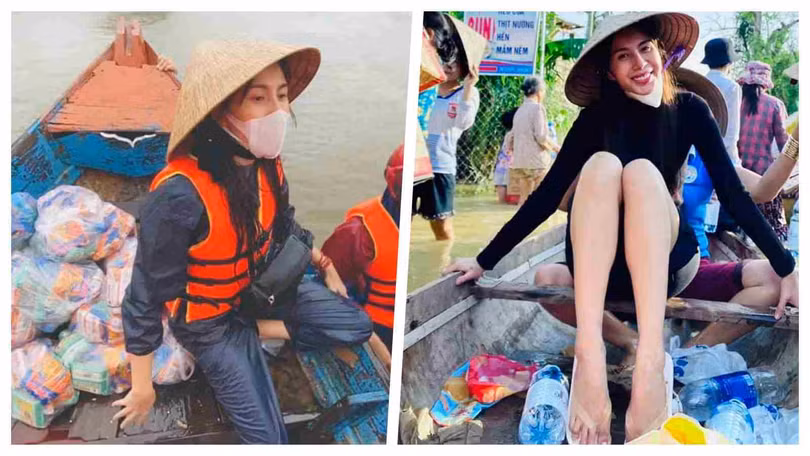 Thuỷ Tiên tuyên bố tiền cứu trợ bão lũ đã tăng lên 150 tỉ đồng (Ảnh: FBNV, Hoà Bình ghép) 