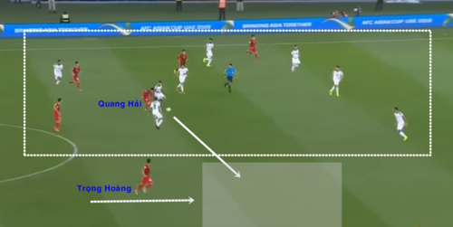 Quang Hải hút hết các cầu thủ đối phương, để Trọng Hoàng có điều kiện dâng lên.