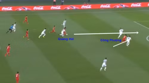 Những 'cây kim' của HLV Park Hang-seo ảnh 4 Tình huống Quang Hải chuyền vào vị trí mà trung vệ Iraq bỏ lại, nơi Công Phượng đang lẻn xuống để gây sức ép, dẫn đến bàn mở tỷ số.
