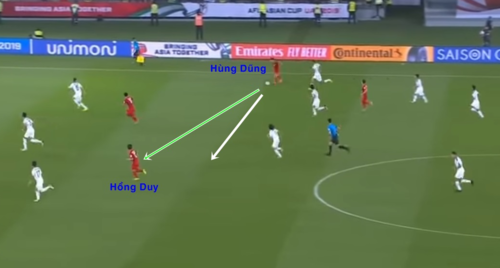 Một cơ hội tốt đã bị bỏ lỡ bởi Hùng Dũng chuyền bóng không tốt (thay vì chuyền theo mũi tên xanh lại chuyền theo mũi tên trắng). Ngoài ra, Hồng Duy cũng không thể hiện được sự sẵn sàng để nhận bóng.