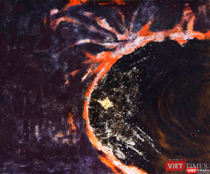 Linh hồn Icarus hiển lộ trong nhật thực, sơn mài, 120cm x 145cm, 2021