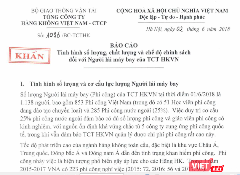 Báo cáo “khẩn” của Vietnam Airlines về tình hình và chế độ chính sách cho phi công. (Ảnh chụp văn bản)