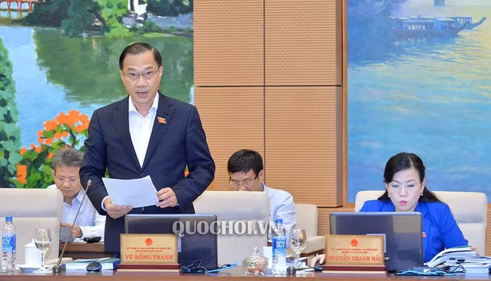 Chủ nhiệm Ủy ban Kinh tế Vũ Hồng Thanh trình bày báo cáo thẩm tra.