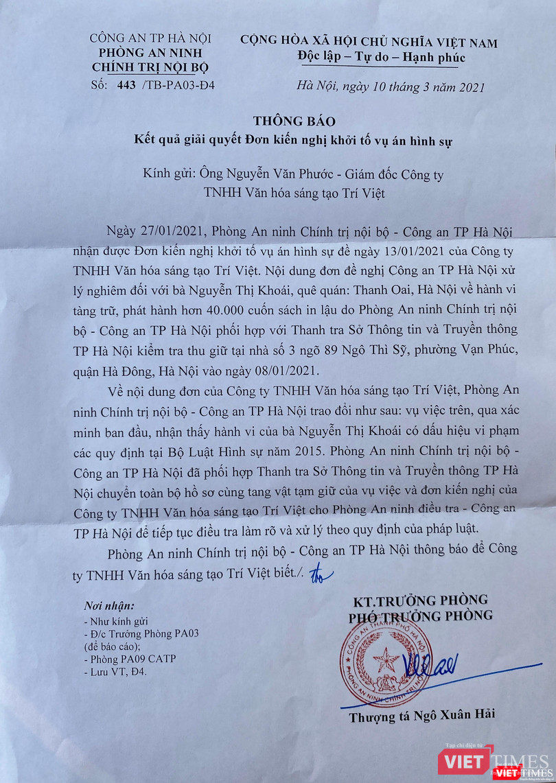 Văn bản của Công an Hà Nội vừa được chuyển tới First News - Trí Việt