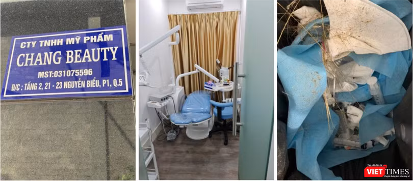 Bên dưới chung cư là biển hiệu “Công ty TNHH Mỹ phẩm Chang Beauty”, tại tầng 2 chung cư là cơ sở dịch vụ thẩm mỹ nhưng có chứng cứ của phẫu thuật thẩm mỹ trái phép (Ảnh: SYT) 
