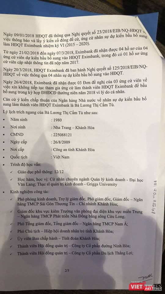ĐHĐCĐ Eximbank: 3 ứng viên xin rút vào phút chót, cựu CEO Nam A Bank Lương Thị Cẩm Tú “một mình một ngựa“ ảnh 1