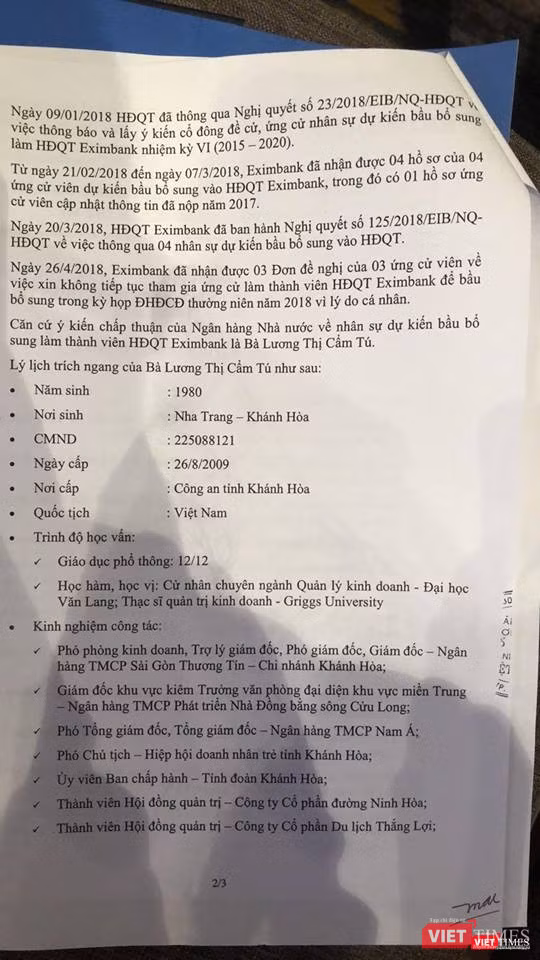 ĐHĐCĐ Eximbank: 3 ứng viên xin rút vào phút chót, cựu CEO Nam A Bank Lương Thị Cẩm Tú “một mình một ngựa“ ảnh 1