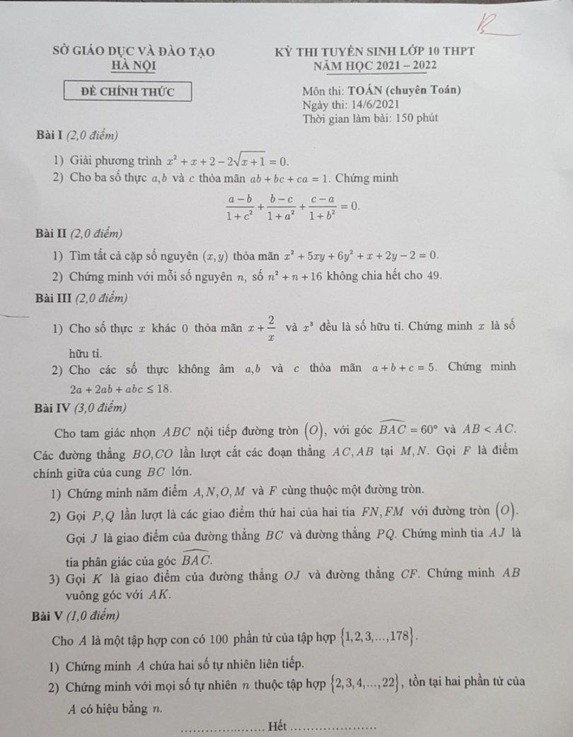 Đáp án đề thi Toán chuyên vào lớp 10 tại Hà Nội năm học 2021 ảnh 1