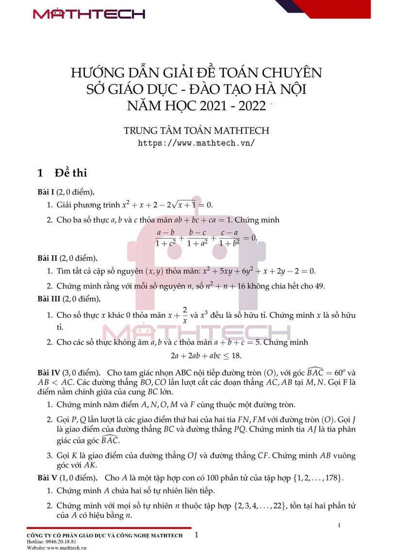 Đáp án đề thi Toán chuyên vào lớp 10 tại Hà Nội năm học 2021 ảnh 2