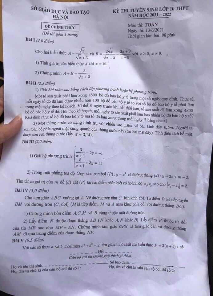 Đề thi môn Toán kỳ thi tuyển sinh lớp 10 TP Hà Nội năm 2021