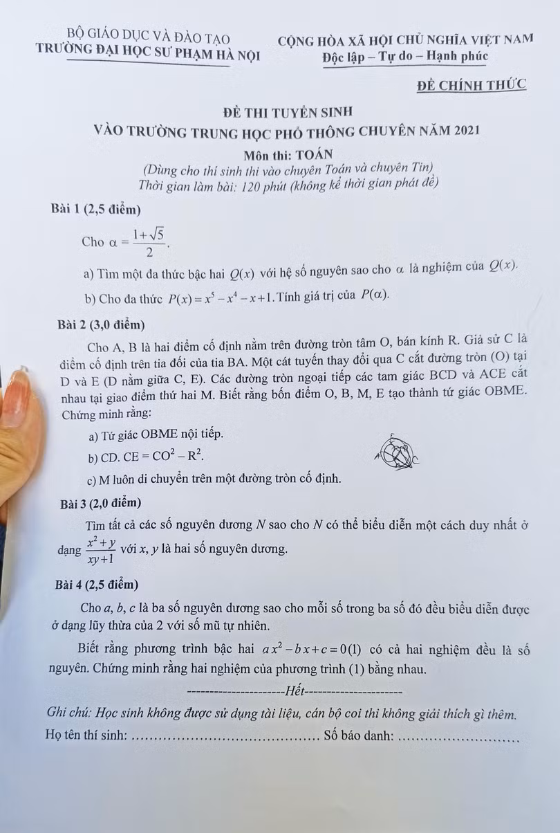 Đáp án đề thi Toán chuyên vào lớp 10 Trường Chuyên ĐH Sư phạm Hà Nội năm 2021 ảnh 1