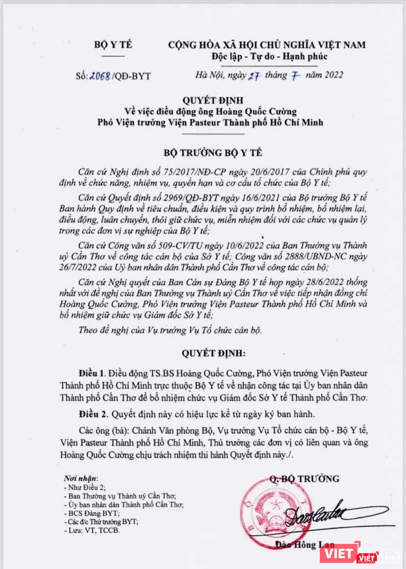 Quyết định điều động ông Hoàng Quốc Cường làm Giám đốc Sở Y tế Cần Thơ