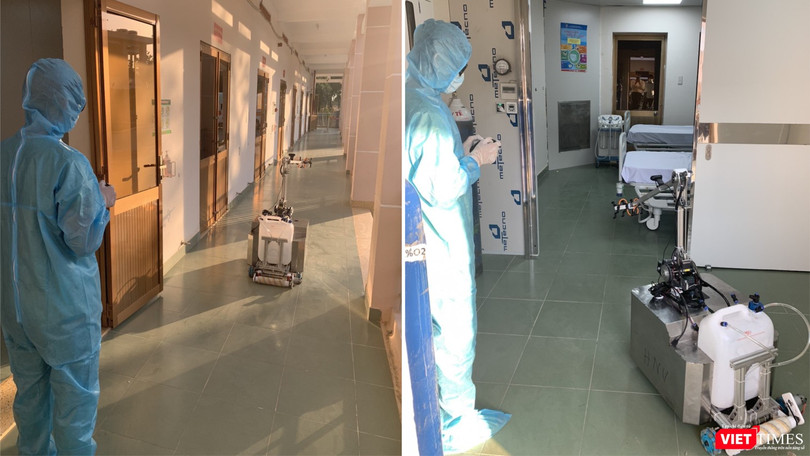 Hôm nay, BV Dã chiến Củ Chi vừa chính thức đưa robot khử khuẩn phòng cách ly đi vào hoạt động (Ảnh: Hòa Bình ghép) 
