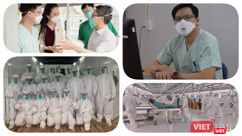 Bác sĩ Lưu Quang Thùy - Phó Giám đốc Trung tâm điều trị tích cực COVID-19 Việt Đức tại TP.HCM và đồng nghiệp trong đợt hỗ trợ TP.HCM.Ảnh: Hoà Bình