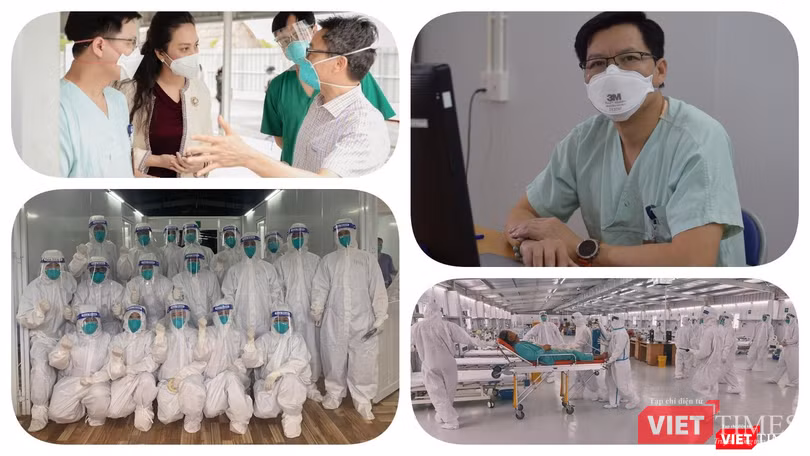 Bác sĩ Lưu Quang Thùy - Phó Giám đốc Trung tâm điều trị tích cực COVID-19 Việt Đức tại TP.HCM và đồng nghiệp trong đợt hỗ trợ TP.HCM.Ảnh: Hoà Bình