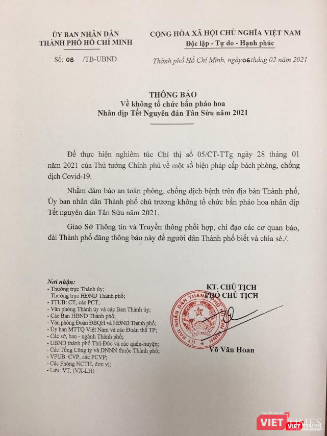 Công văn do ông Võ Văn Hoan - Phó Chủ tịch UBND TP.HCM ký