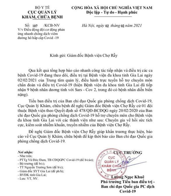 Công văn do Cục trưởng Lương Ngọc Khuê ký, gửi BV Chợ Rẫy ngày 2/2 Công văn do Cục trưởng Lương Ngọc Khuê ký, gửi BV Chợ Rẫy ngày 2/2