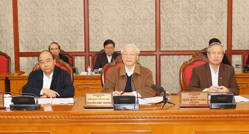 Tổng Bí thư, Chủ tịch nước Nguyễn Phú Trọng chủ trì cuộc họp của Bộ Chính trị về công tác phòng chống dịch bệnh COVID-19. - Ảnh: TTXVN