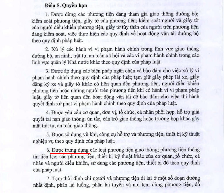 Điều 5 Thông tư01/2016/TT-BCA của Bộ Công An quy định quyền trưng dụng tài sản của CSGT