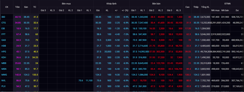 Toàn bộ cổ phiếu trong rổ VN30 giảm kịch biên độ (Ảnh chụp màn hình - Nguồn: SSI) Toàn bộ cổ phiếu trong rổ VN30 giảm kịch biên độ (Ảnh chụp màn hình - Nguồn: SSI)