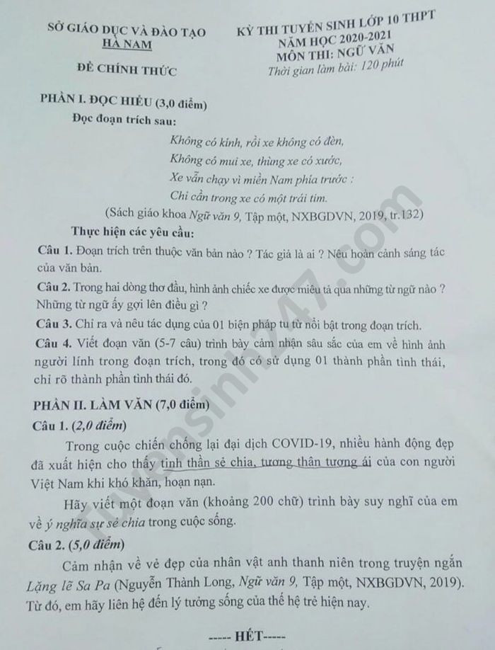 Đề thi môn Ngữ Văn. Nguồn: TTHN