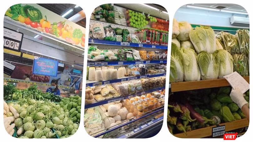 Siêu thị chất đầy hàng hoá thực phẩm nhưng người mua khó đến mua - Ảnh: Hoà Bình