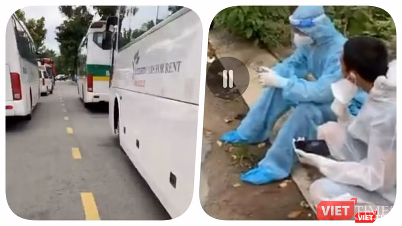 Hàng dài xe cấp cứu, xe vận chuyển người bệnh COVID-19 chờ đợi chưa thể nhập viện - Ảnh: Hoà Bình chụp màn hình video