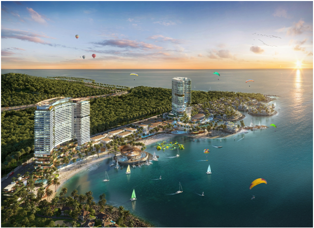 Phối cảnh Vega City Nha Trang giai đoạn 1, bao gồm tổ hợp khách sạn, shophouse và biệt thự mặt biển.