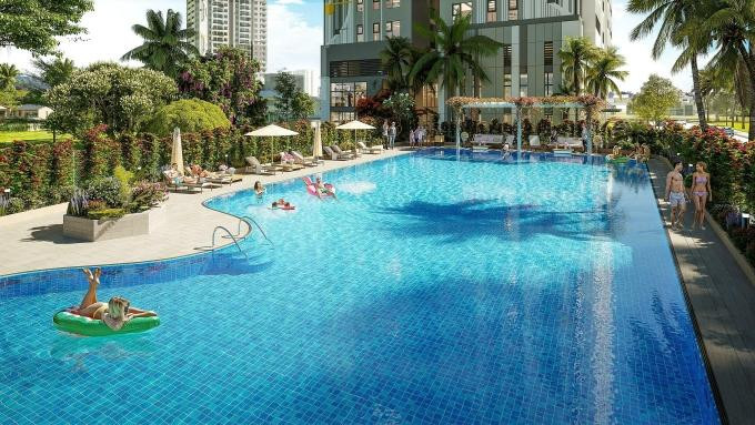 Phối cảnh bể bơi theo phong cách resort rộng hơn 430 m2 tại dự án. Ảnh: BRGLand.