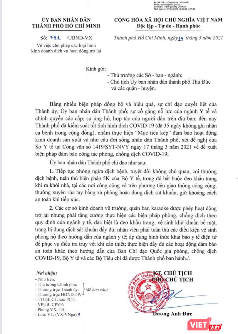 Công văn số 791 do Phó Chủ tịch UBND TP.HCM, ông Dương Anh Đức ký