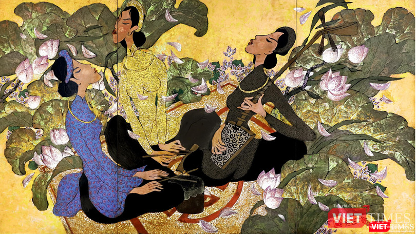 Tác phẩm Hát chầu văn (sơn mài, 120cm x 210cm, 2019) của Nguyễn Hoài Hương