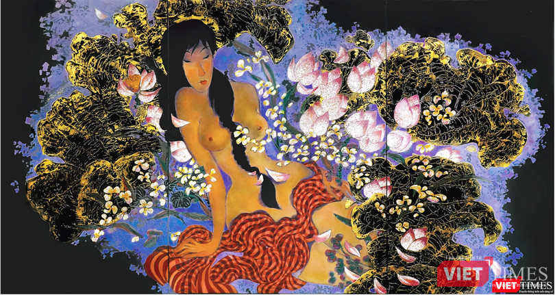 Tác phẩm Dạ liên (sơn mài, 120cm x 224cm, 2019) của Nguyễn Hoài Hương