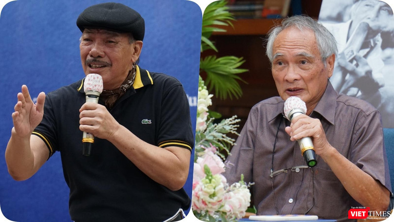 Nhạc sĩ Trần Tiến và nhà thơ Hoàng Hưng xúc động chia sẻ về thi sĩ Hoàng Cầm. Ảnh: Hoà Bình