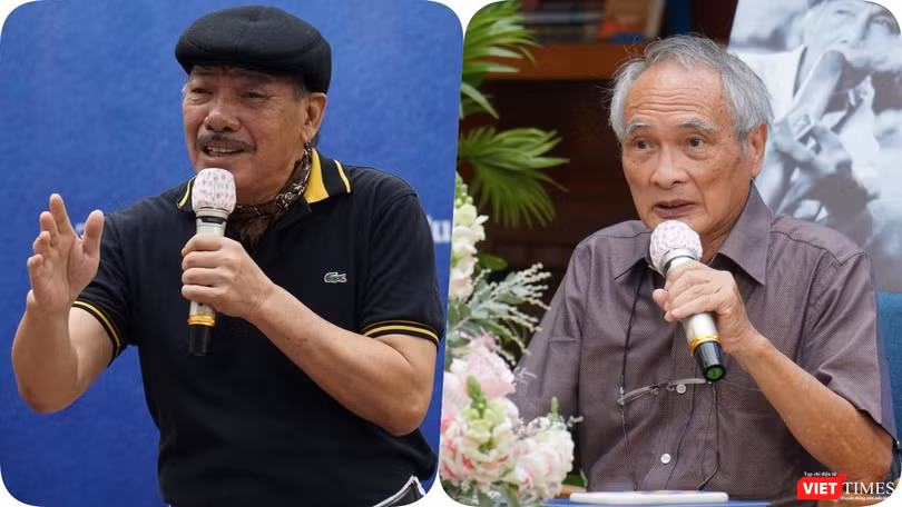 Nhạc sĩ Trần Tiến và nhà thơ Hoàng Hưng xúc động chia sẻ về thi sĩ Hoàng Cầm. Ảnh: Hoà Bình