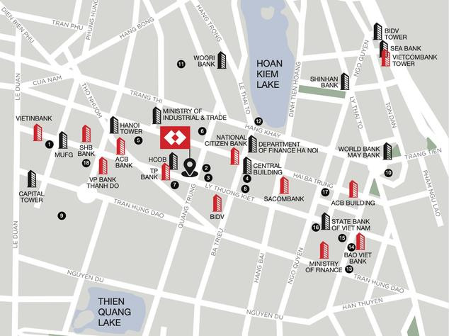 Hội sở, chi nhánh lớn của các ngân hàng đặt trên các phố lớn phía Nam và phía Đông sát cạnh hồ Hoàn Kiếm, thuộc quận Hoàn Kiếm (Ảnh: Savills Việt Nam) Hội sở, chi nhánh lớn của các ngân hàng đặt trên các phố lớn phía Nam và phía Đông sát cạnh hồ Hoàn Kiếm, thuộc quận Hoàn Kiếm (Ảnh: Savills Việt Nam)