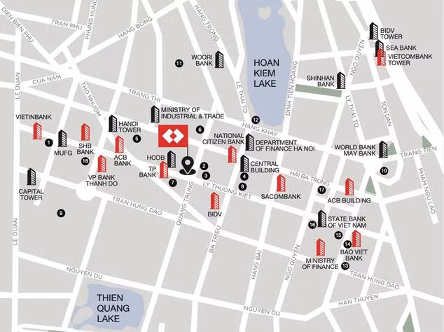 Hội sở, chi nhánh lớn của các ngân hàng đặt trên các phố lớn phía Nam và phía Đông sát cạnh hồ Hoàn Kiếm, thuộc quận Hoàn Kiếm (Ảnh: Savills Việt Nam)